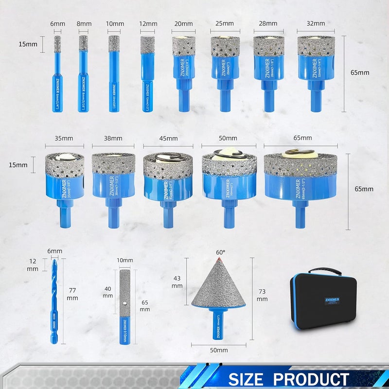ZNXIMER Tile Hole Saw Kit - Diamond Hole Saw Kit for Tiles, Ceramic, Granite, Marble, Glass, Gypsum and More Drilling - 16pcs Tile Drill bit (6/8/10/12/20/25/28/32/35/38/45/50/65MM/2/6/10MM) - Image 2